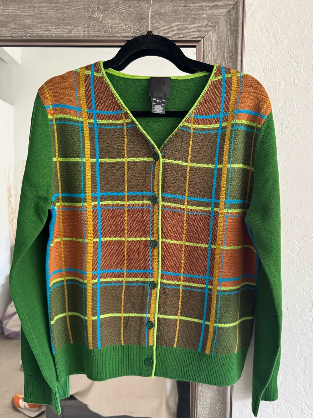 Anna Sui Green Plaid V-Neck Cardigan with Blue & Yellow Accents